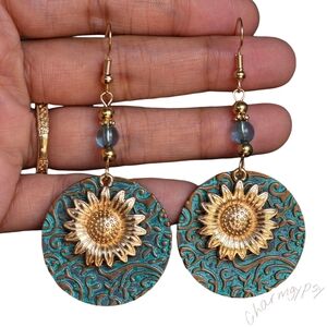Sunflower Boho Earrings Dangle Turquoise Floral Cottagecore Jewelry Boheme